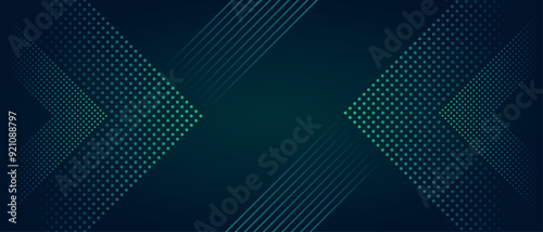 Abstract green arrow dot particles with strips lines on dark background. Modern green gradient halftone pattern. Suit for poster, banner, brochure, cover, presentation, web. Vector illustration