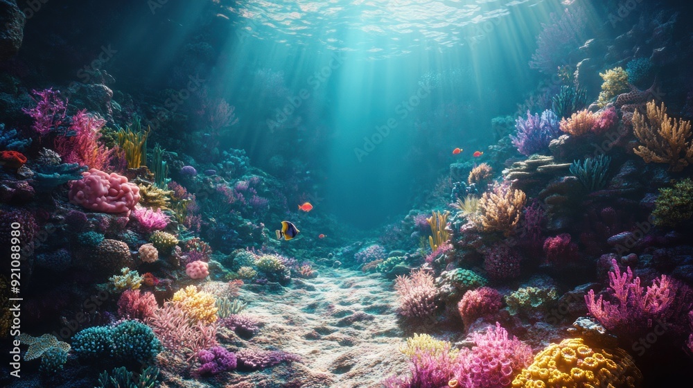 Obraz premium Underwater Scene with Sunbeams Illuminating Colorful Coral Reef
