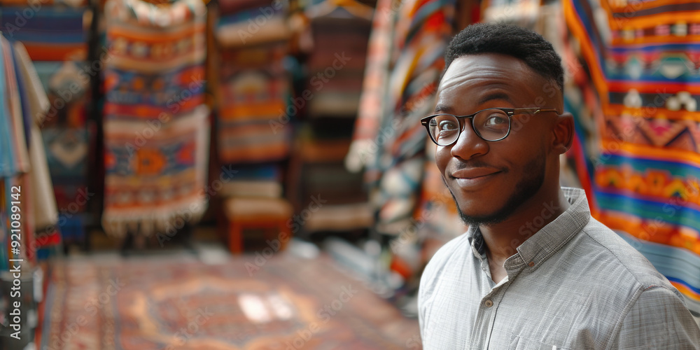 Young male client is discussing with a salesman about a carpet he is interested in buying in a store specialized in oriental carpets Young male client is discussing with a salesman about a carpet he is interested in buying in a store specialized in oriental carpets