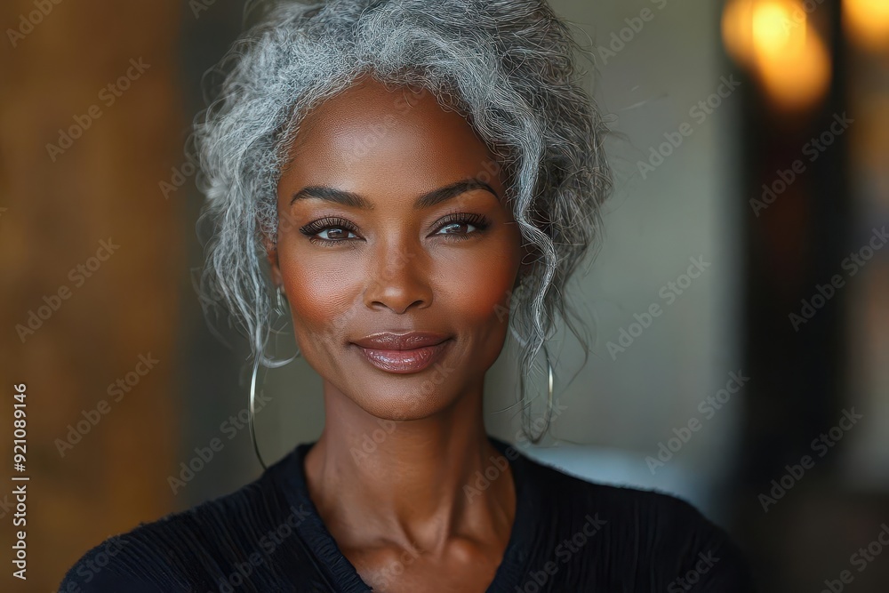 elegant mature woman with silver hair glowing dark skin soft beauty lighting confident smile timeless grace elegant mature woman with silver hair glowing dark skin soft beauty lighting confident smile timeless grace
