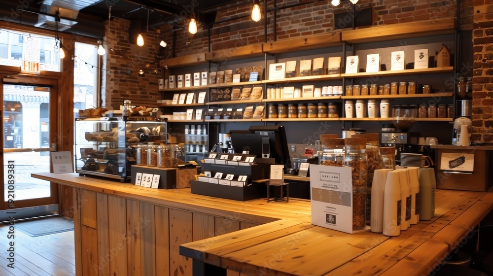 A coffee shop with a selection of specialty coffee beans for sale on shelves behind the counter. A coffee shop with a selection of specialty coffee beans for sale on shelves behind the counter.