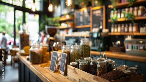 A coffee shop with a selection of teas and herbal infusions displayed on a counter. © peerawat