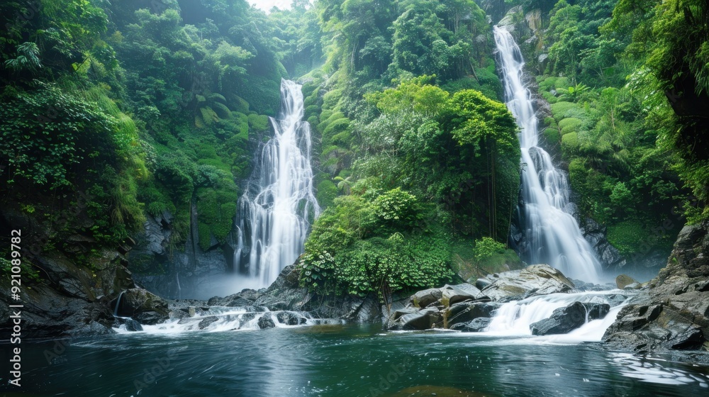 Serene Waterfall in Lush Green Forest Serene Waterfall in Lush Green Forest