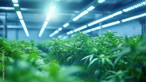 Cannabis Seedlings Growing Under LED Lights in Indoor Facility