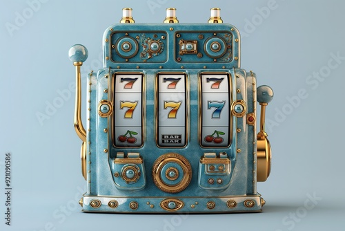 This stunning slot machine showcases a blend of vintage charm and modern design with its blue, gold, and white colors.