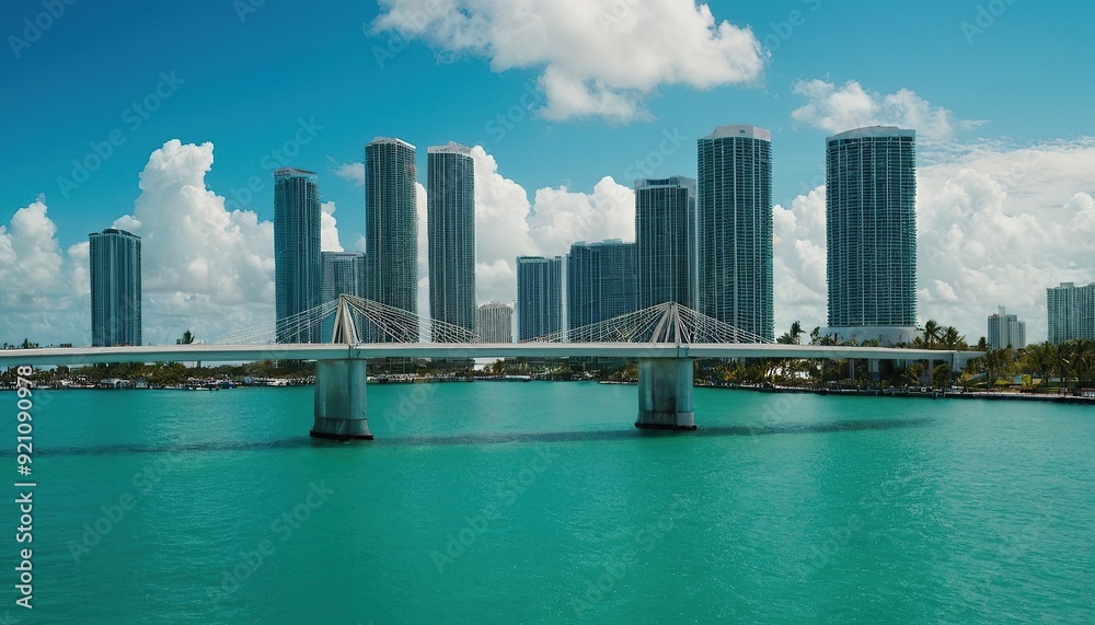 Naklejka premium Cityscape with a bridge and skylines in Brickell Key Park Miami USA 16