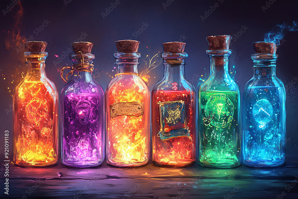 Illustration of a witch's potion bottles with glowing liquids and labels. Illustration of a witch's potion bottles with glowing liquids and labels.