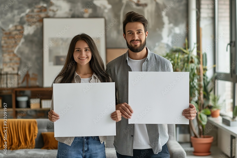 A man and a woman stand in a home setting, each holding a blank sign. A man and a woman stand in a home setting, each holding a blank sign.