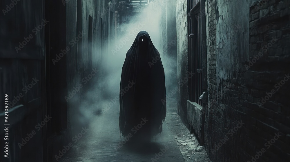 A cloaked figure walks through a misty, shadowed alleyway A cloaked figure walks through a misty, shadowed alleyway