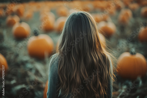 Girl with Long Hair in Pumpkin Patch at Dusk photo