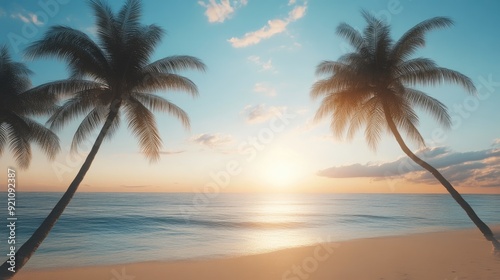 Quiet Beach at Dusk with Palm Trees in the Breeze