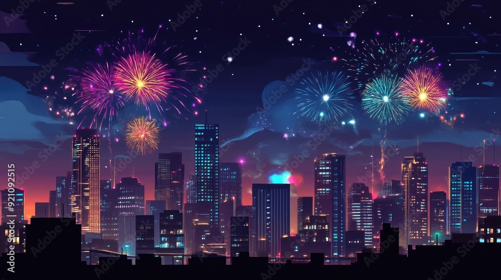 Fototapeta premium Explosive Fireworks Lighting Up Downtown Skyline