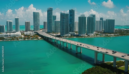 Miami skyscrapers with bridge over sea in the day.
6 photo