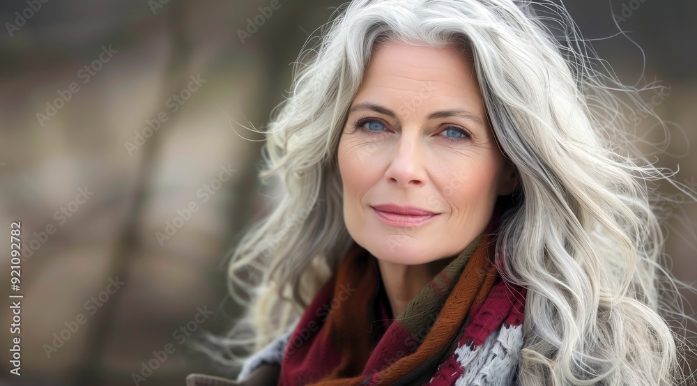 Φωτογραφία Portrait d'une élégante et séduisante femme, âgée de 60 ans avec de longs cheveux argentés ondulés