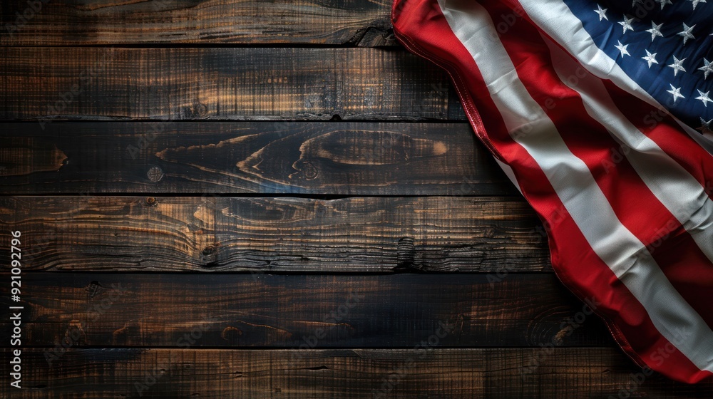 Obraz premium photograph of American flag on dark wooden background