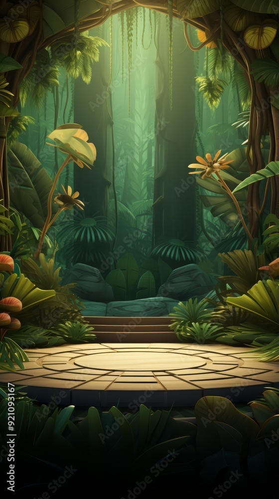 Fototapeta premium A circular stone platform in the middle of a lush jungle with a stairway leading up to it and the sun shining through the trees.