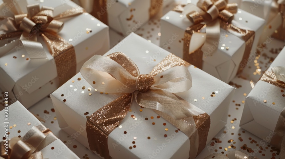 An aerial photograph captures the essence of Valentine s Day with elegant white gift boxes adorned with shimmering brown and light beige ribbons interspersed with golden sequins An aerial photograph captures the essence of Valentine s Day with elegant white gift boxes adorned with shimmering brown and light beige ribbons interspersed with golden sequins