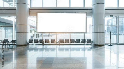 An airport departure lounge with a blank advertising billboard  modern design  and a glass wall background