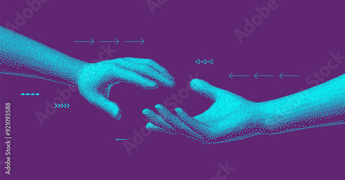 Hands reaching towards each other. Concept of human relation, togetherness or  partnership. 3D vector illustration. Can be used for advertising, marketing or presentation.