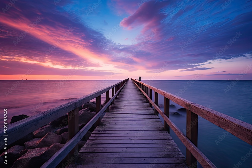 A tranquil wooden pier extends into a serene ocean at sunset, showcasing vibrant colors. A tranquil wooden pier extends into a serene ocean at sunset, showcasing vibrant colors.