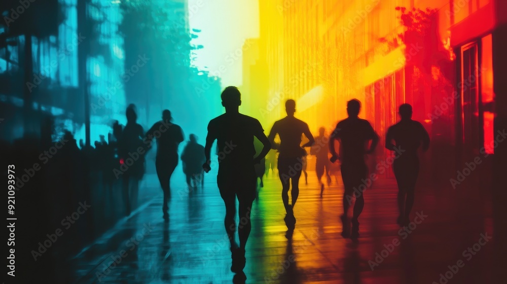 Cityscape with Bright Silhouetted Runners on the Move Cityscape with Bright Silhouetted Runners on the Move
