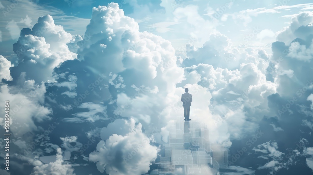 Obraz premium An image combining a cloud architect with clouds and digital infrastructure, symbolizing cloud computing solutions