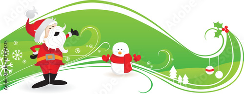 Christmas vector illustration of a green banner with a cute snowman and Santa Claus in winter