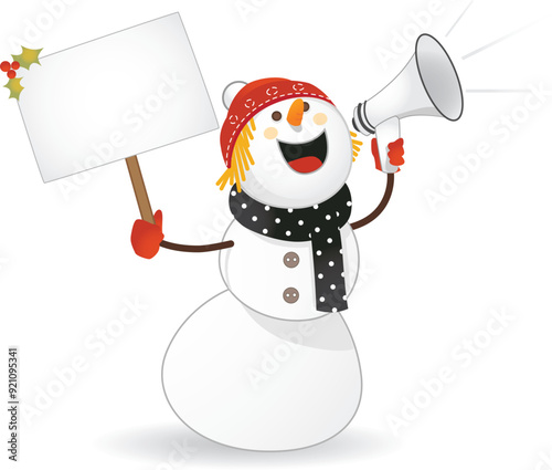 Christmas vector illustration of a cute snowman talkin with a megaphone and holding a banner in winter
