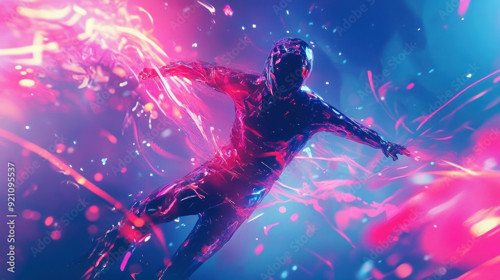 A Digital Human Figure Suspended In Vibrant, Abstract Light A Digital Human Figure Suspended In Vibrant, Abstract Light
