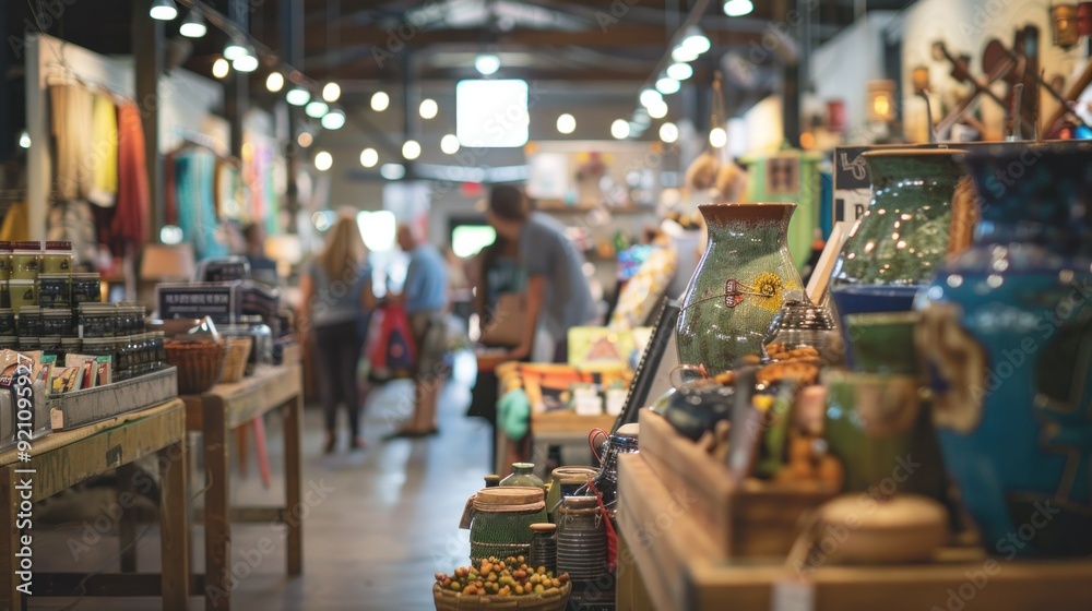 Obraz premium Artisan market catering to individuals seeking unique handmade goods in urban setting. Concept Handcrafted Creations, Urban Artisans, Unique Goods, Market Experience, Artistic Community