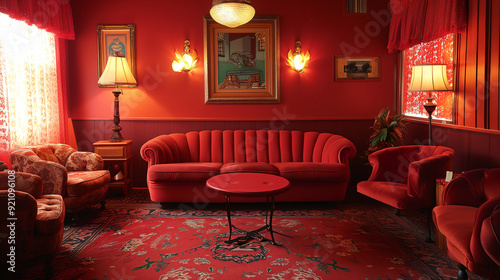 Retro style living room in red coordinated colors 