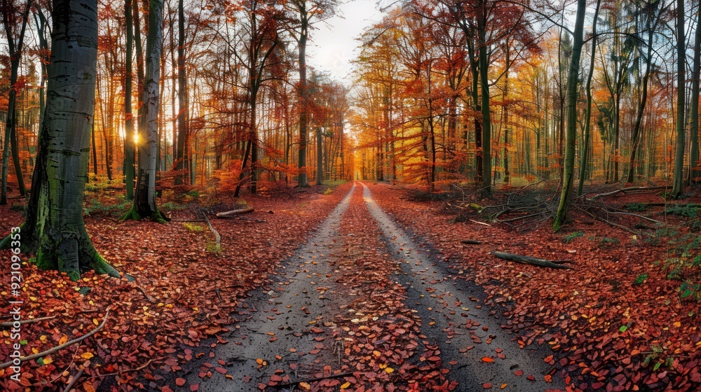 Obraz premium Autumn Road leading through autumn forest in vibrant colors
