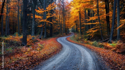 Autumn Road leading through autumn forest in vibrant colors