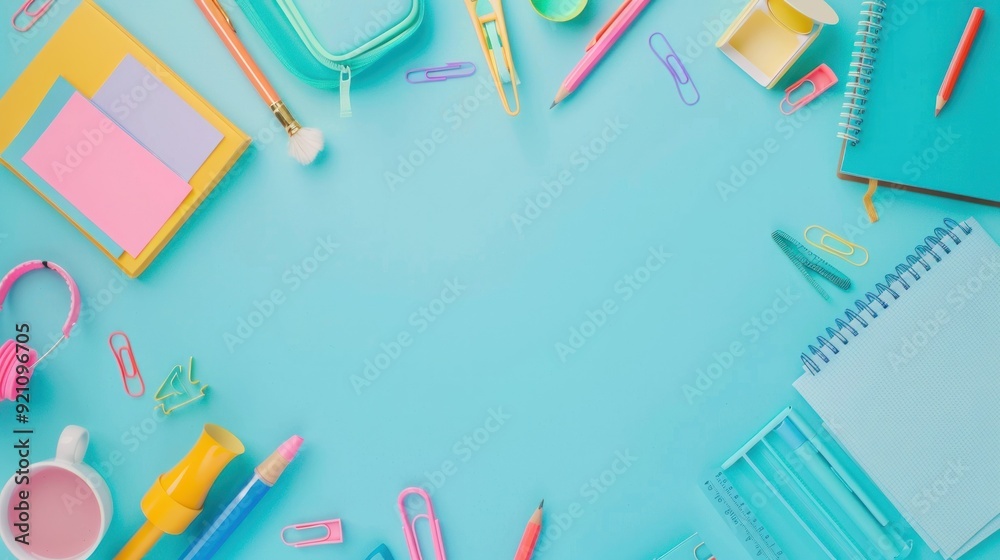 Back to school concept. Frame of school supplies on pastel blue background. Back to school concept. Frame of school supplies on pastel blue background.