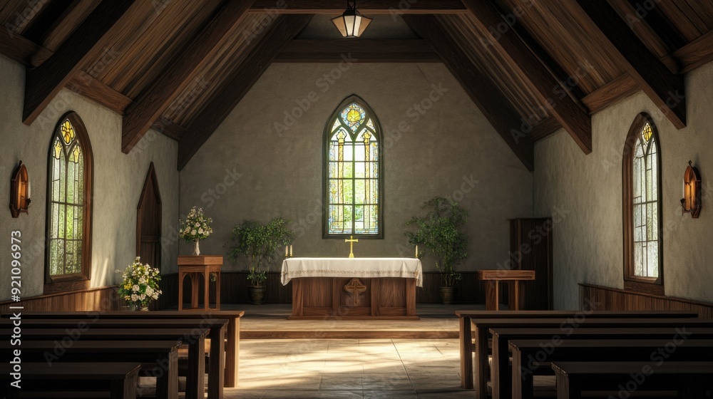 Fototapeta premium Cozy Wooden Chapel Interiors with Stained Glass