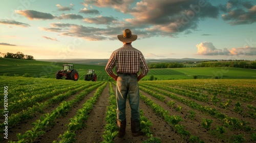 back view of a farmer stands in the field and looks at his farm