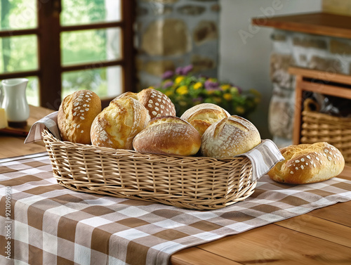 Wallpaper Mural A basket of bread is on a table with a checkered cloth underneath. The bread is in various shapes and sizes, and there are several potted plants in the background. Concept of warmth and comfort Torontodigital.ca