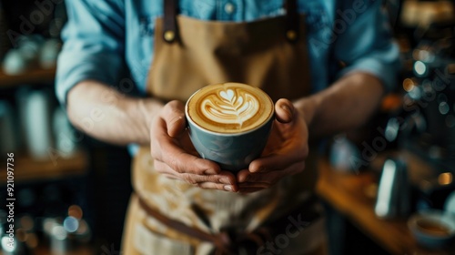 Barista wearing apron showing cup of coffee mockup.