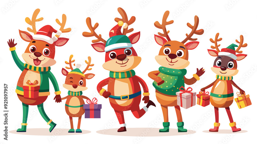 Fototapeta premium Christmas reindeer characters vector set design. Reindeer Christmas cute character in jumping, holding gift box, standing, coffee and wearing hat & scarf collection isolated in white background. Gener