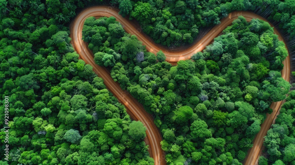 A winding road through a forest with trees on both sides A winding road through a forest with trees on both sides