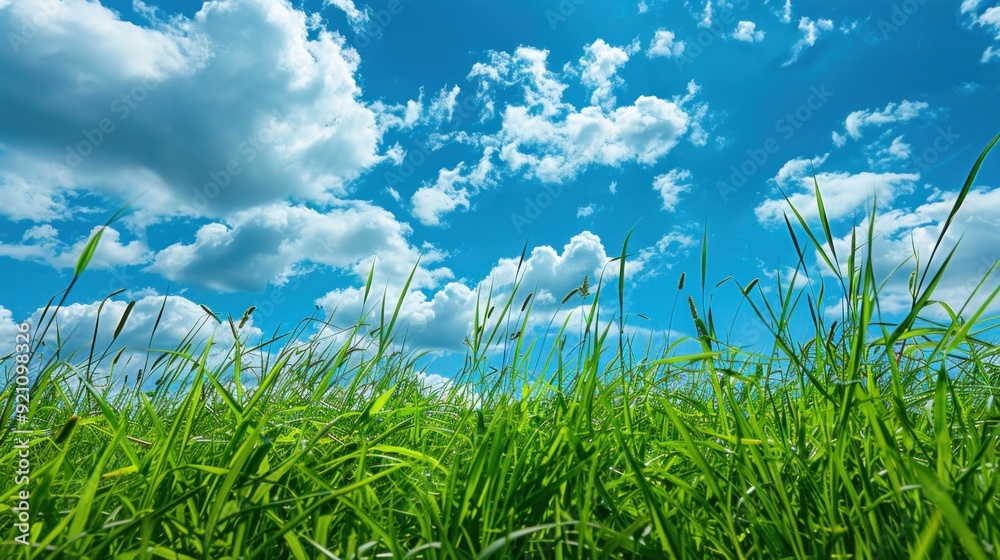 Obraz premium Beautiful panoramic natural landscape of meadow with grass and blue sky in spring, Green field,