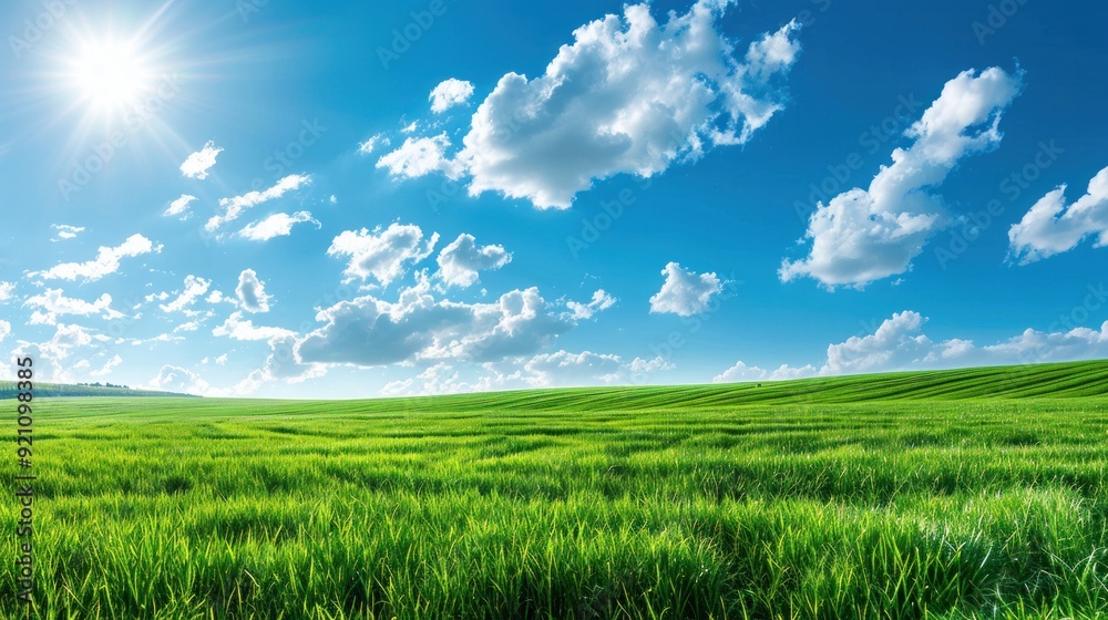 Beautiful panoramic natural landscape of meadow with grass and blue sky in spring, Green field, Beautiful panoramic natural landscape of meadow with grass and blue sky in spring, Green field,
