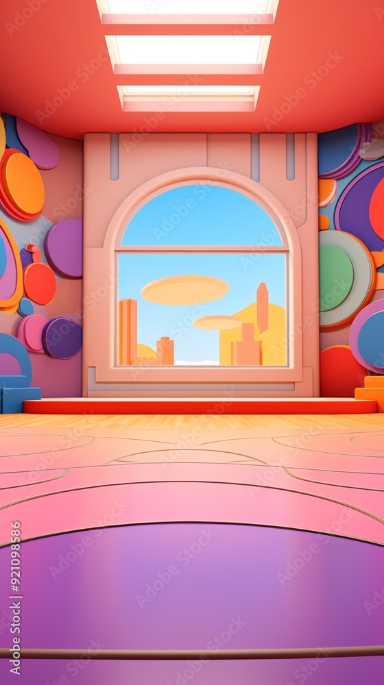 Abstract room with colorful shapes, a window and a wooden floor. Abstract room with colorful shapes, a window and a wooden floor.