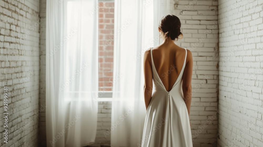 Bride in Minimalist Wedding Dress by Window Bride in Minimalist Wedding Dress by Window