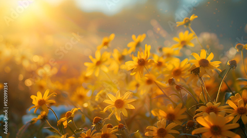 field of yellow flowers, Beautiful flowers yellow meadow floral garden in morning haze in nature close-up macro, Landscape banner as artistic, Relaxing, romantic blooming flowers, love romance blur