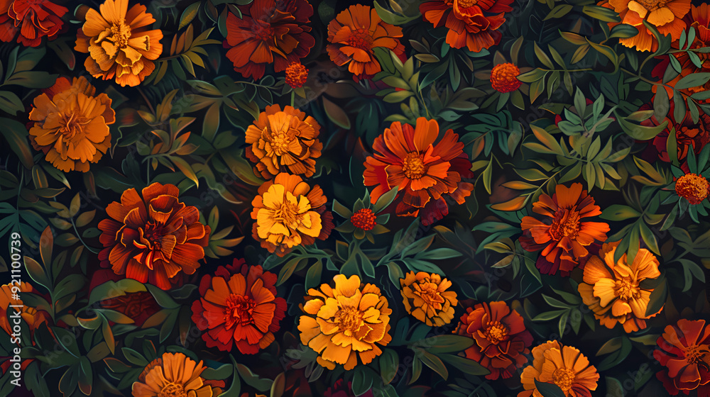 autumn leaves seamless background, An assortment of vivid orange and yellow marigold flowers, including intricate petals and rich stems, ideal for themes centered around plants and flowers. autumn leaves seamless background, An assortment of vivid orange and yellow marigold flowers, including intricate petals and rich stems, ideal for themes centered around plants and flowers.