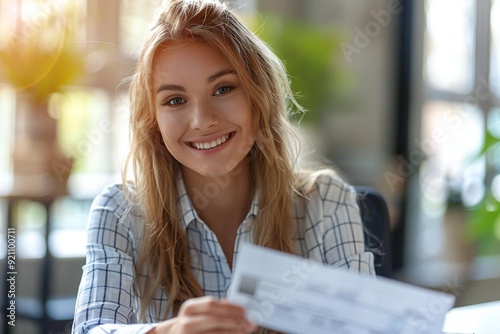 close-up shot of a happy businesswoman sitting at her desk in the office, offering a cheque with a smile. The image captures the themes of payroll, compensation, and financial transactions.