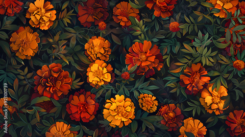 autumn leaves seamless background, An assortment of vivid orange and yellow marigold flowers, including intricate petals and rich stems, ideal for themes centered around plants and flowers. 