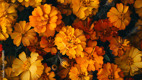 autumn leaves background, An assortment of vivid orange and yellow marigold flowers, including intricate petals and rich stems, ideal for themes centered around plants and flowers. 