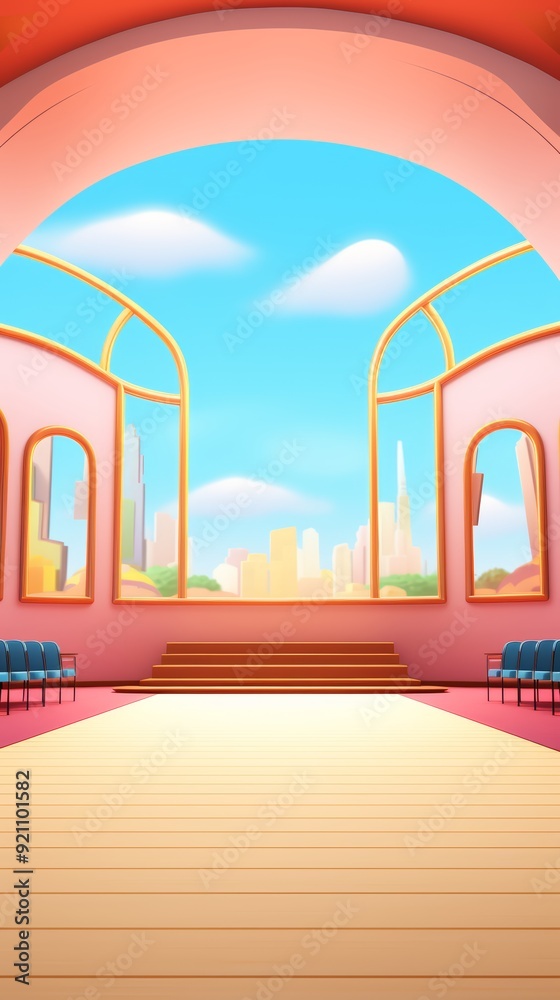 Empty room with city view, pink walls and wooden floor. Empty room with city view, pink walls and wooden floor.